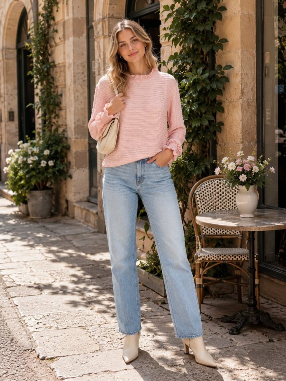 Miss Sparkling Pink Textured Ruffle Neck Blouse Romantic Long Sleeve Top
